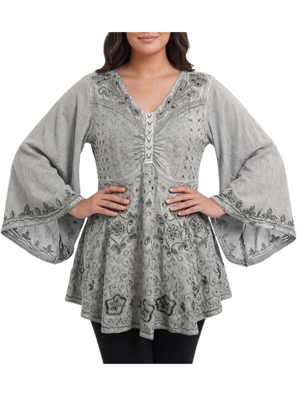 Boho V Neck Summer Blouse - Women's Tunic with Bell Sleeves, Stylish & Comfy Top